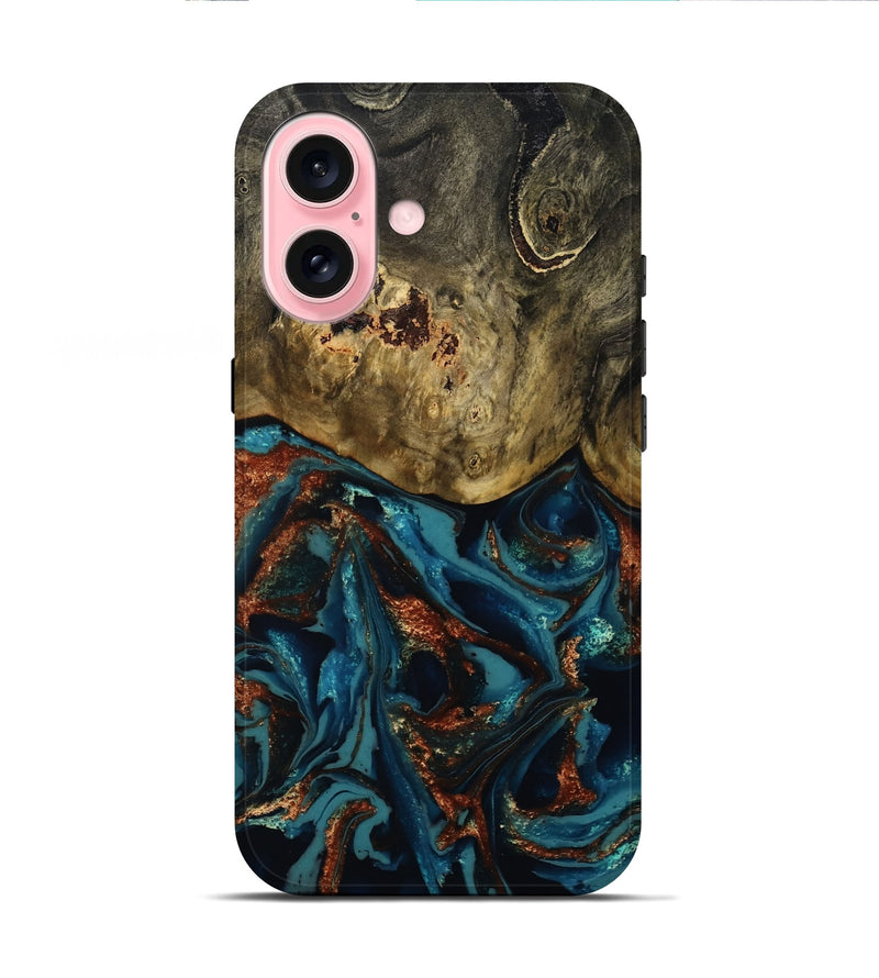 iPhone 16 Wood Live Edge Phone Case - Camila (Teal & Gold, 809906)