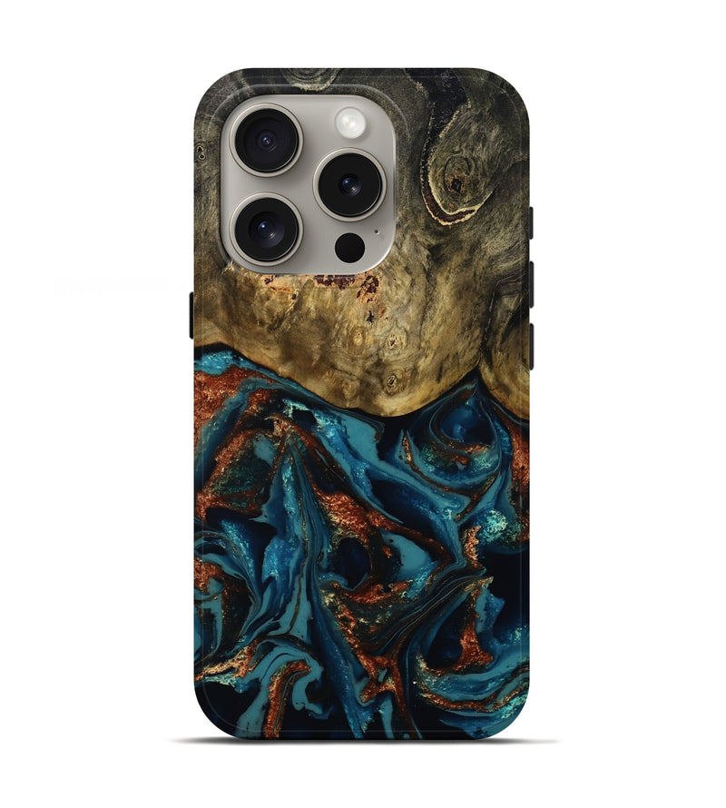 iPhone 16 Pro Wood Live Edge Phone Case - Camila (Teal & Gold, 809906)