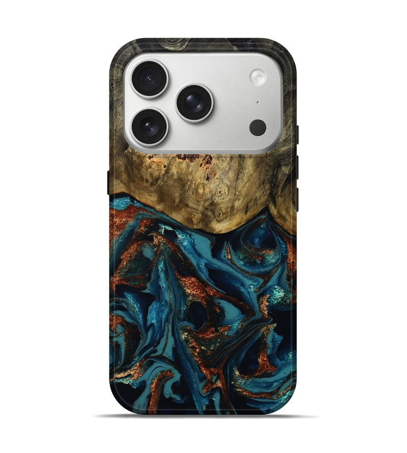 iPhone 17 Pro Wood Live Edge Phone Case - Camila (Teal & Gold, 809906)