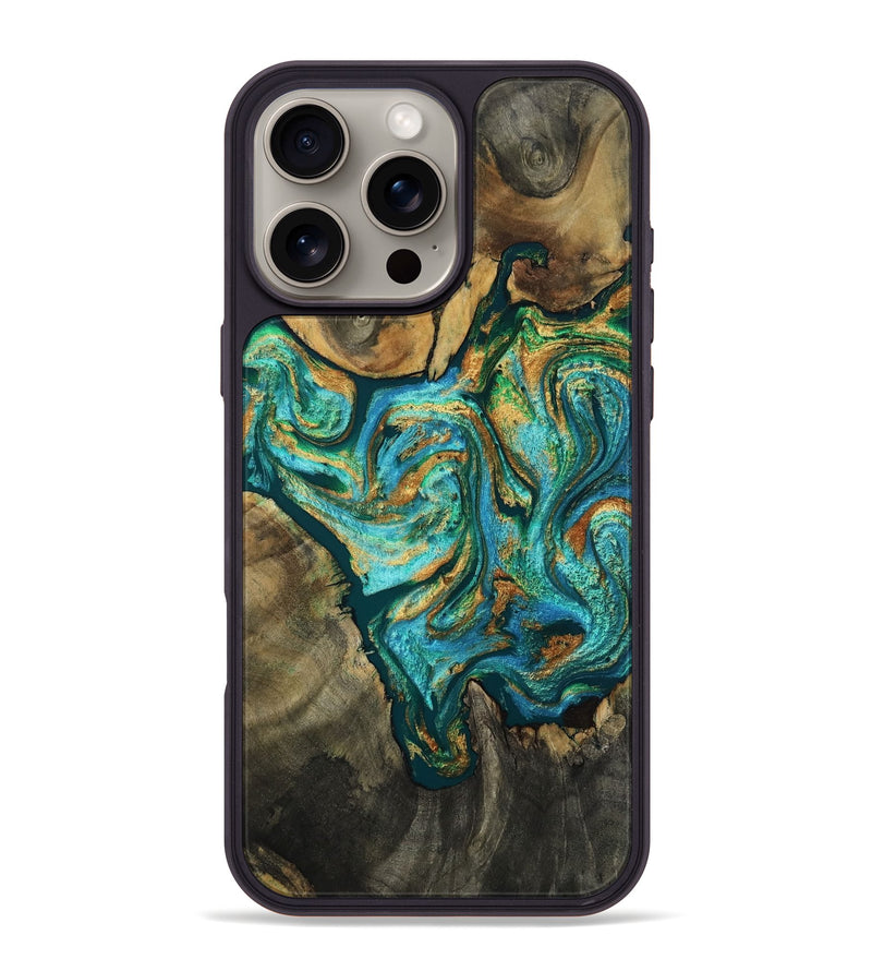 iPhone 16 Pro Max Wood Phone Case - Annie (Teal & Gold, 809918)