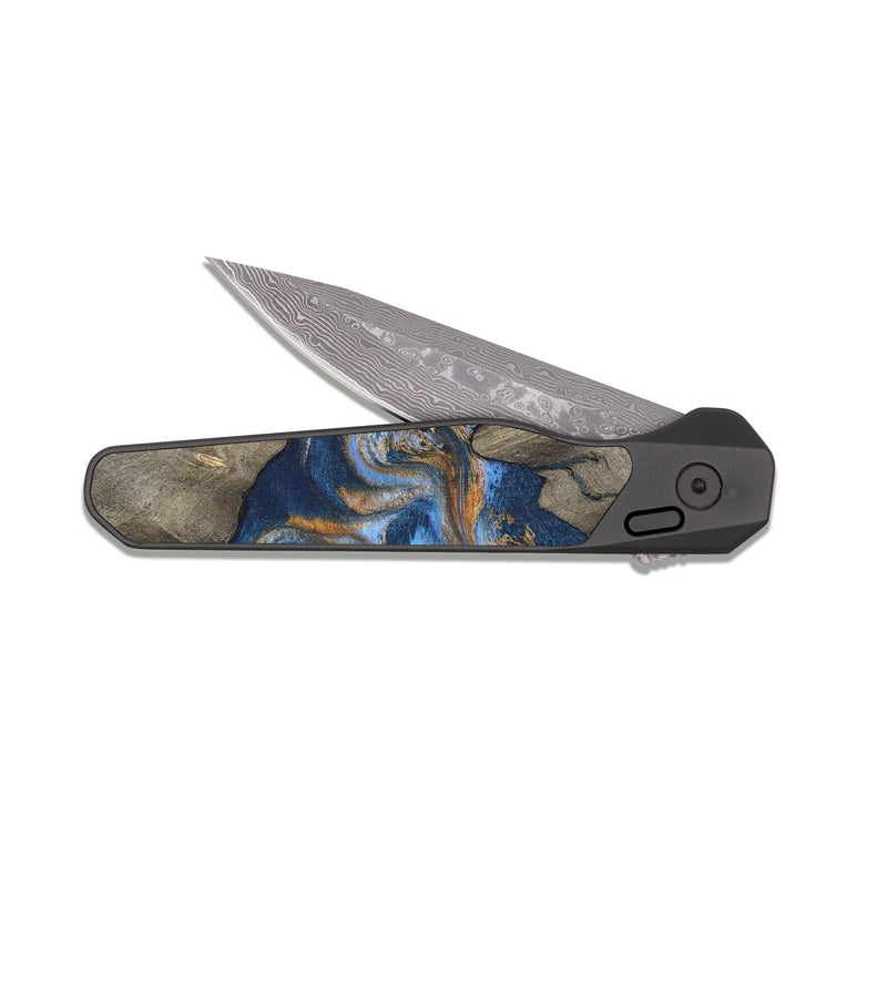 EDC Dark Damascus Wood Pocket Knife - Leone (Teal & Gold, 810333)