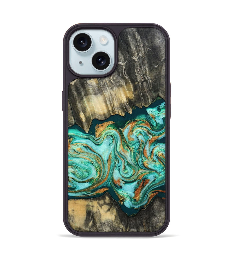 iPhone 15 Wood Phone Case - Delbert (Teal & Gold, 810366)