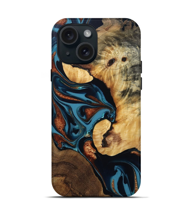 iPhone 15 Wood Live Edge Phone Case - Vincent (Teal & Gold, 810416)