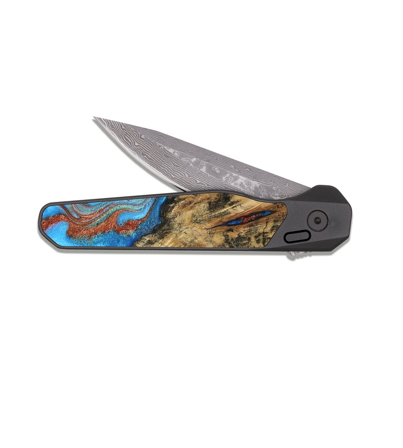 EDC Dark Damascus Wood Pocket Knife - Yousef (Teal & Gold, 810485)