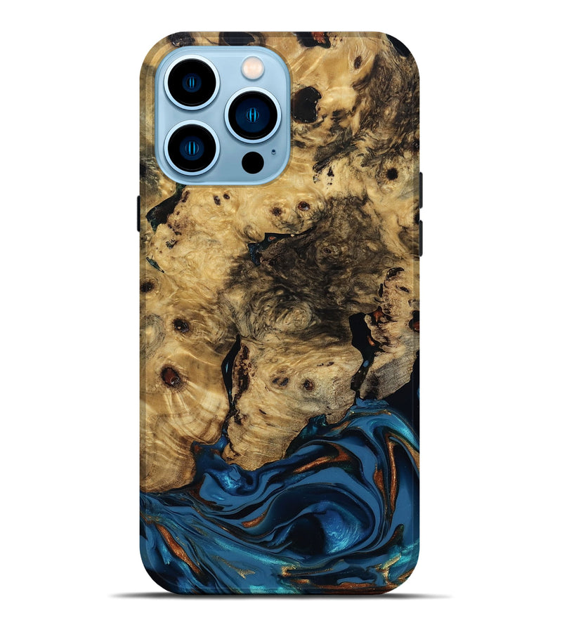 iPhone 14 Pro Max Wood Live Edge Phone Case - Minor (Teal & Gold, 810790)