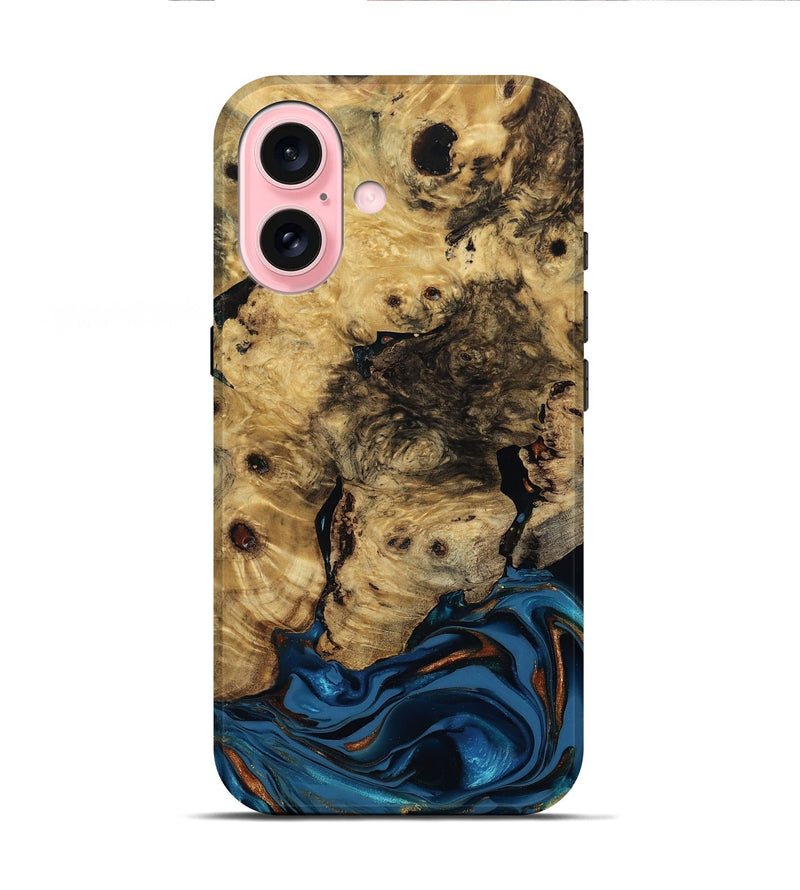 iPhone 16 Wood Live Edge Phone Case - Minor (Teal & Gold, 810790)
