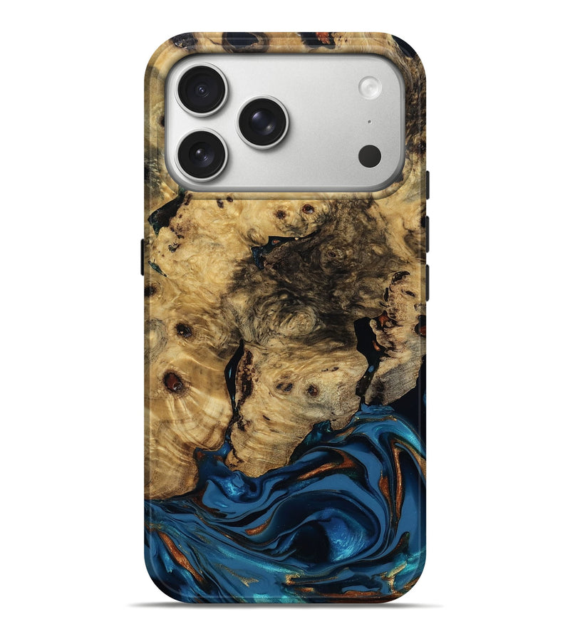 iPhone 17 Pro Max Wood Live Edge Phone Case - Minor (Teal & Gold, 810790)