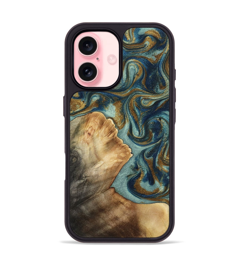 iPhone 16 Wood Phone Case - Nikita (Teal & Gold, 810799)