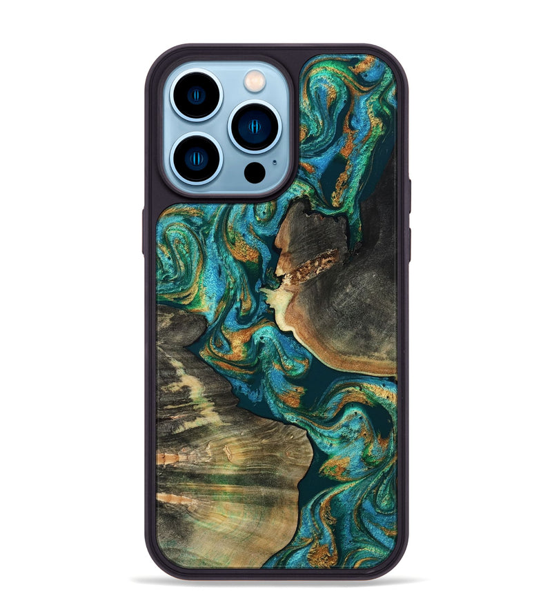 iPhone 14 Pro Max Wood Phone Case - Curtis (Teal & Gold, 810835)