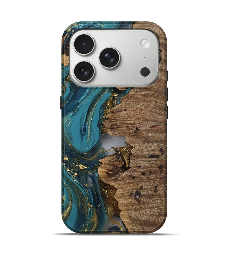 iPhone 17 Pro Wood Live Edge Phone Case - Jerald (Teal & Gold, 811439)