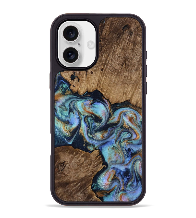iPhone 16 Plus Wood Phone Case - Rubye (Teal & Gold, 811715)