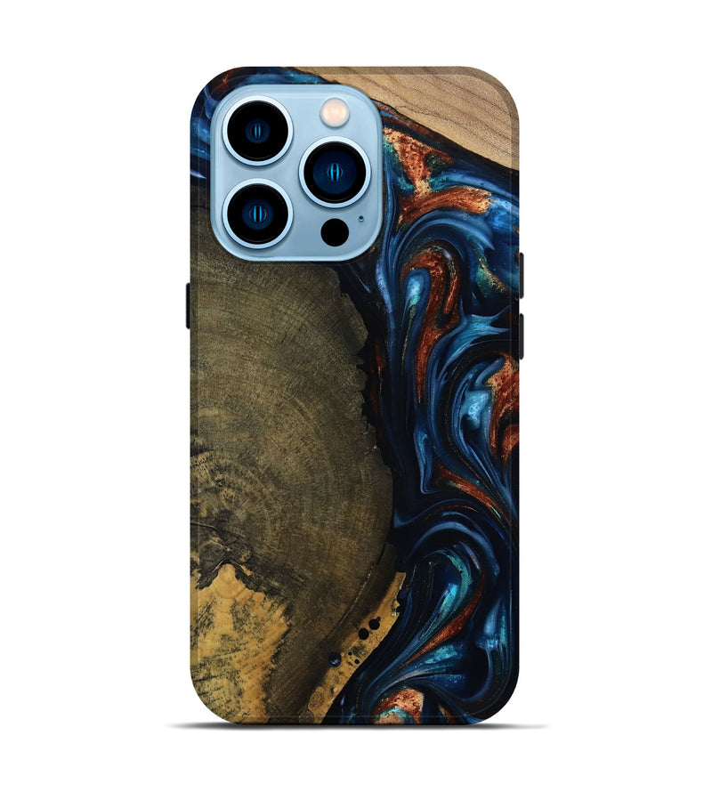iPhone 14 Pro Wood Live Edge Phone Case - Madisyn (Teal & Gold, 811845)