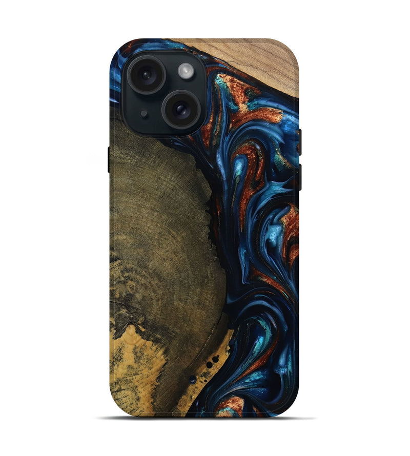 iPhone 15 Wood Live Edge Phone Case - Madisyn (Teal & Gold, 811845)