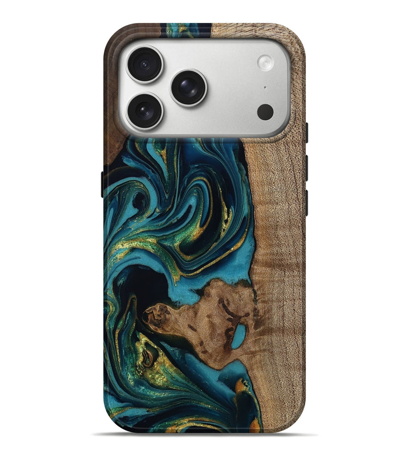 iPhone 17 Pro Max Wood Live Edge Phone Case - Tamia (Teal & Gold, 811850)