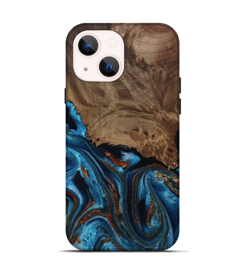 iPhone 14 Wood Live Edge Phone Case - India (Teal & Gold, 811871)