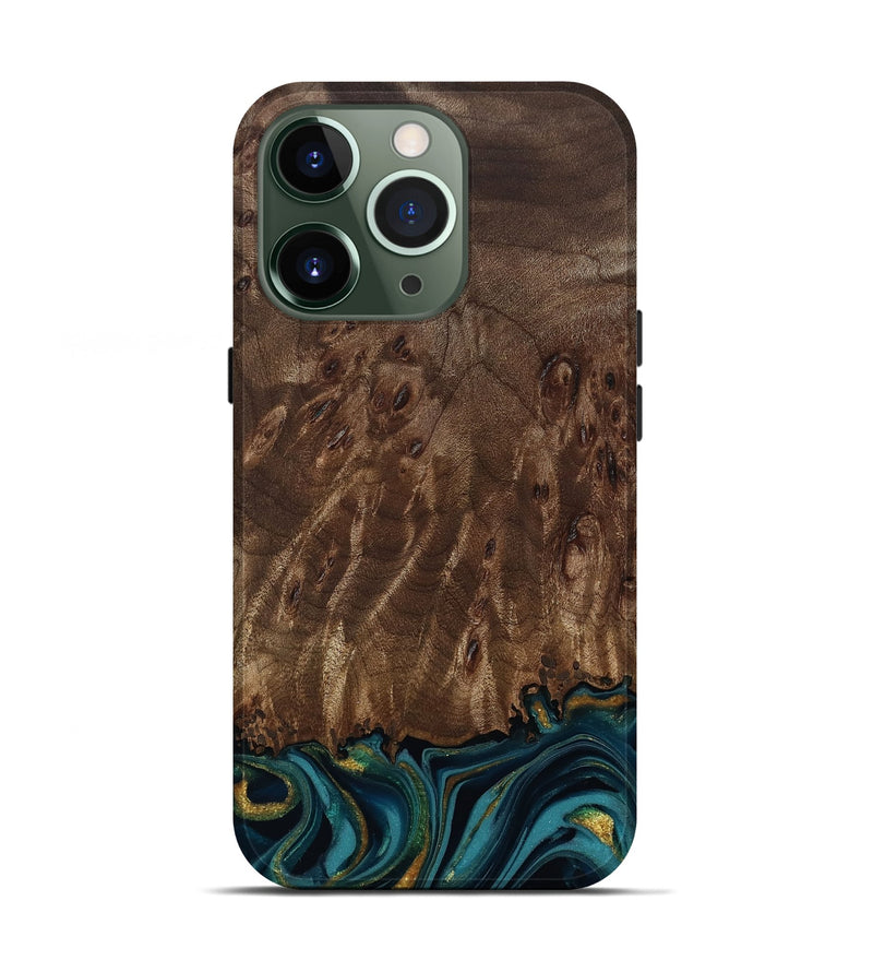 iPhone 13 Pro Wood Live Edge Phone Case - Errol (Teal & Gold, 811878)