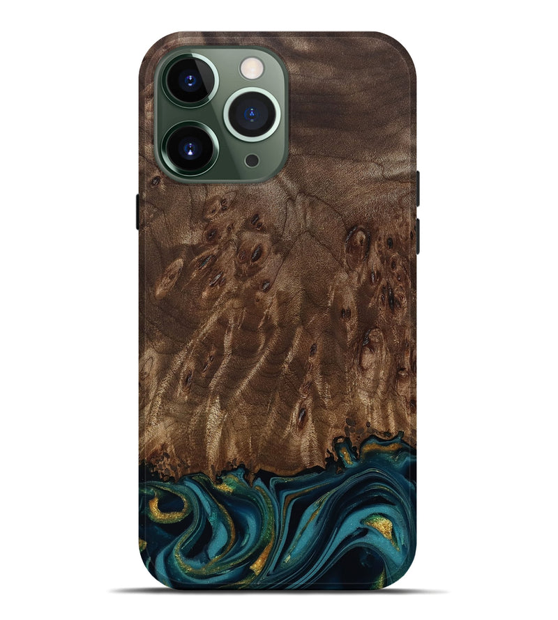 iPhone 13 Pro Max Wood Live Edge Phone Case - Errol (Teal & Gold, 811878)