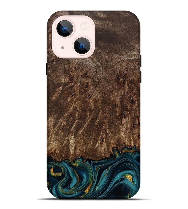 iPhone 14 Plus Wood Live Edge Phone Case - Errol (Teal & Gold, 811878)