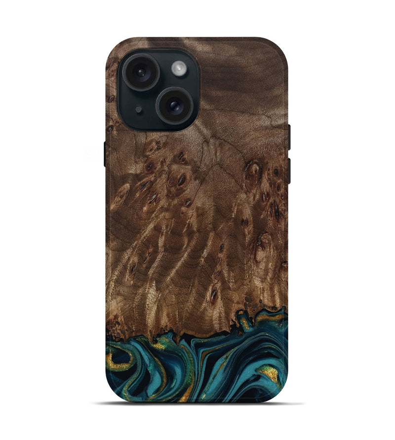 iPhone 15 Wood Live Edge Phone Case - Errol (Teal & Gold, 811878)