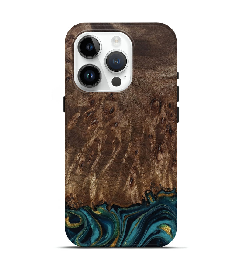 iPhone 15 Pro Wood Live Edge Phone Case - Errol (Teal & Gold, 811878)