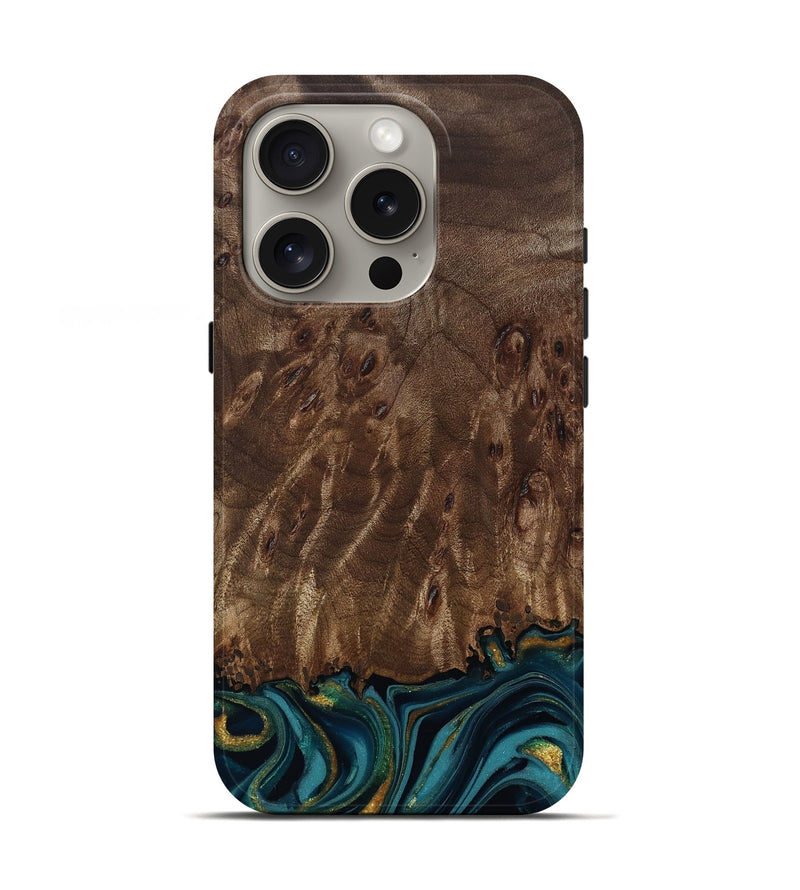 iPhone 16 Pro Wood Live Edge Phone Case - Errol (Teal & Gold, 811878)