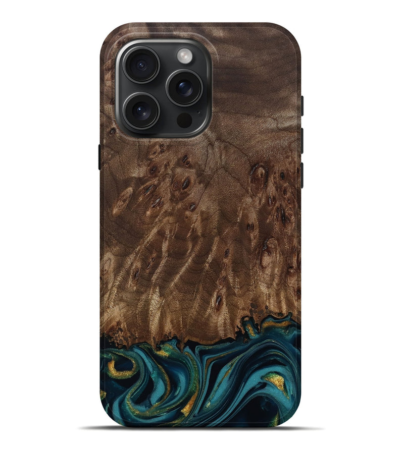 iPhone 16 Pro Max Wood Live Edge Phone Case - Errol (Teal & Gold, 811878)