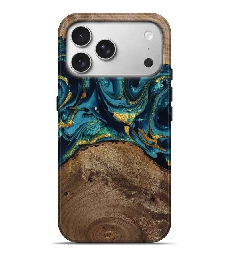 iPhone 17 Pro Max Wood Live Edge Phone Case - Isom (Teal & Gold, 811880)