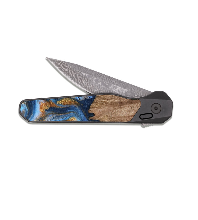 EDC Dark Damascus Wood Pocket Knife - Lillie (Teal & Gold, 812075)