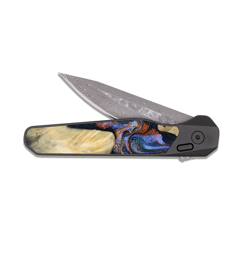 EDC Dark Damascus Wood Pocket Knife - Susie (Teal & Gold, 812117)