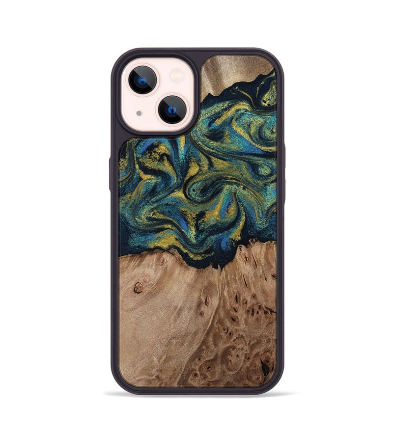 iPhone 14 Wood Phone Case - Dannie (Teal & Gold, 812151)
