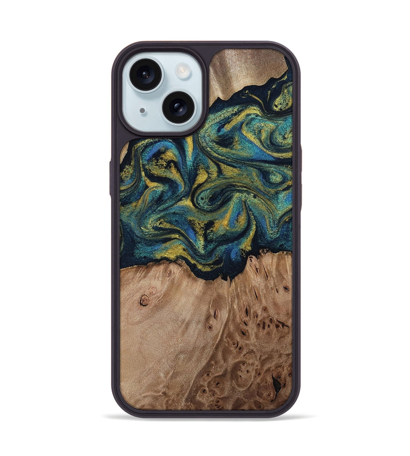 iPhone 15 Wood Phone Case - Dannie (Teal & Gold, 812151)