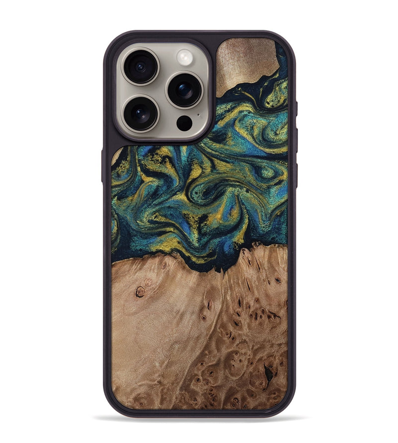 iPhone 15 Pro Max Wood Phone Case - Dannie (Teal & Gold, 812151)