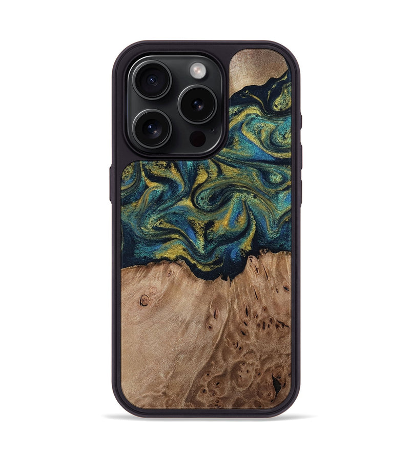 iPhone 15 Pro Wood Phone Case - Dannie (Teal & Gold, 812151)