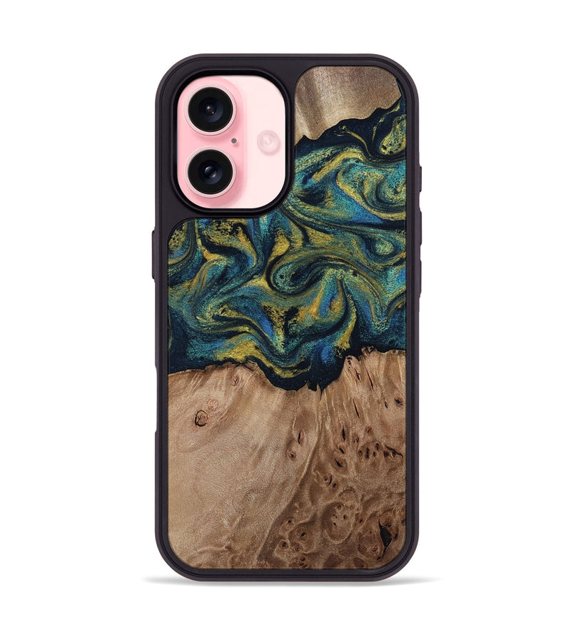 iPhone 16 Wood Phone Case - Dannie (Teal & Gold, 812151)