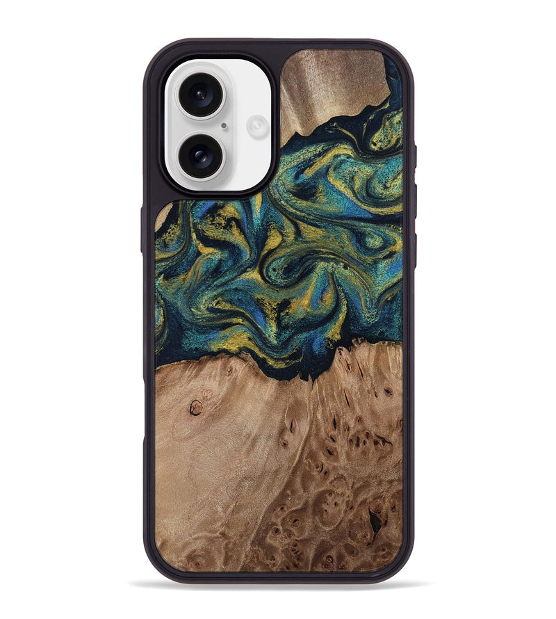 iPhone 16 Plus Wood Phone Case - Dannie (Teal & Gold, 812151)