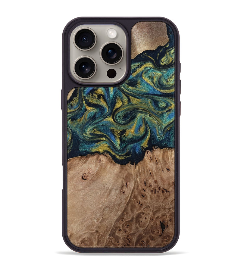 iPhone 16 Pro Max Wood Phone Case - Dannie (Teal & Gold, 812151)