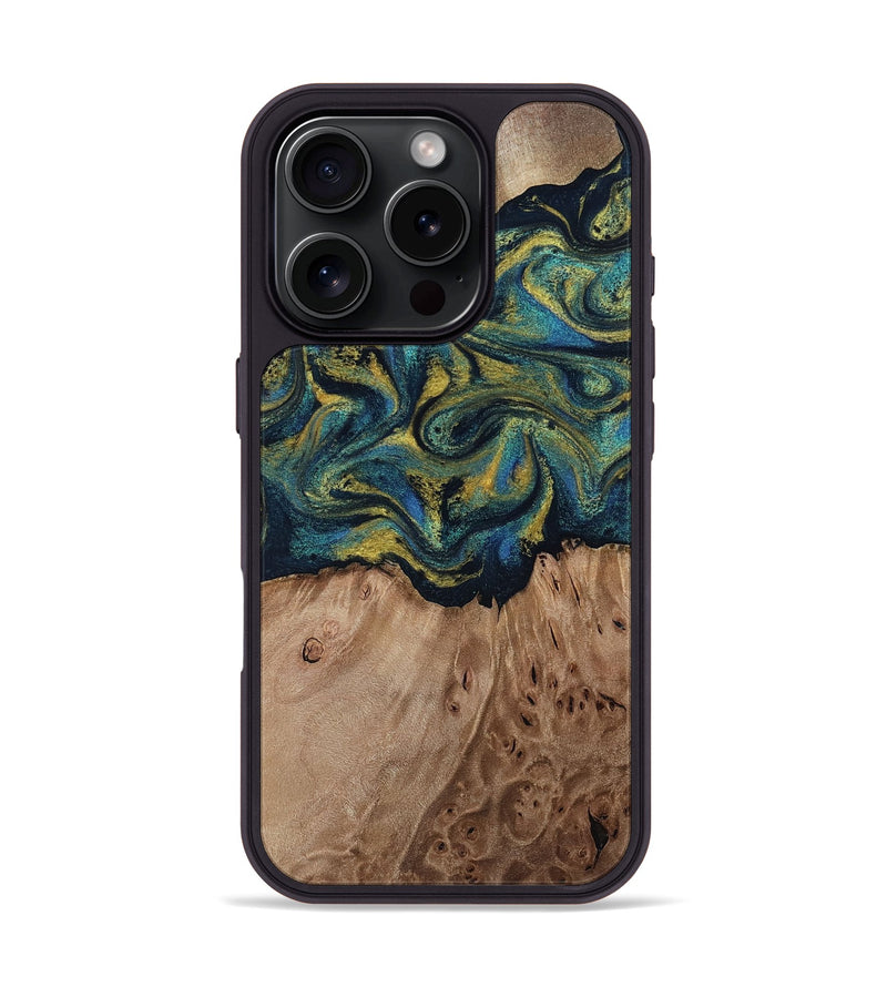 iPhone 16 Pro Wood Phone Case - Dannie (Teal & Gold, 812151)