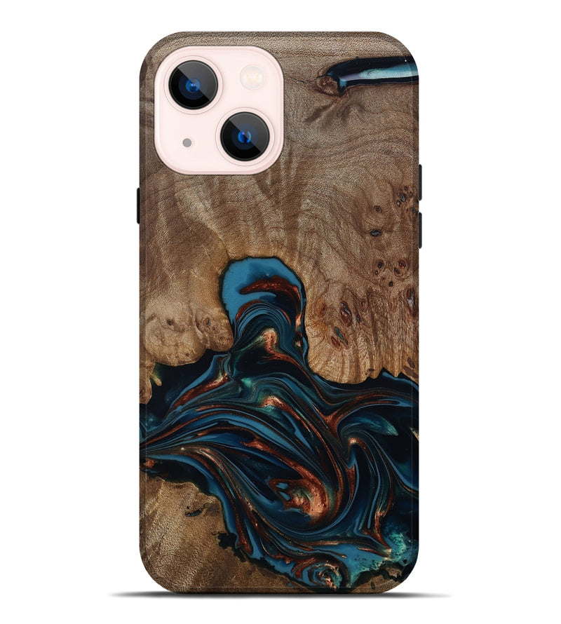 iPhone 14 Plus Wood Live Edge Phone Case - Kelli (Teal & Gold, 812196)