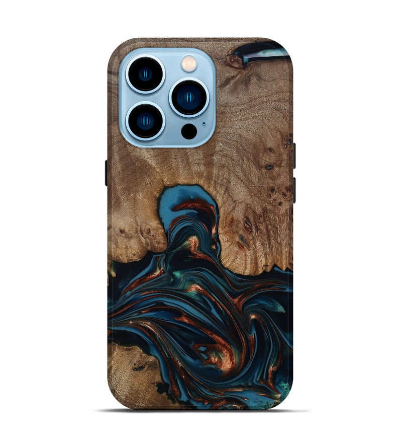 iPhone 14 Pro Wood Live Edge Phone Case - Kelli (Teal & Gold, 812196)