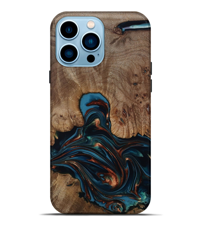 iPhone 14 Pro Max Wood Live Edge Phone Case - Kelli (Teal & Gold, 812196)