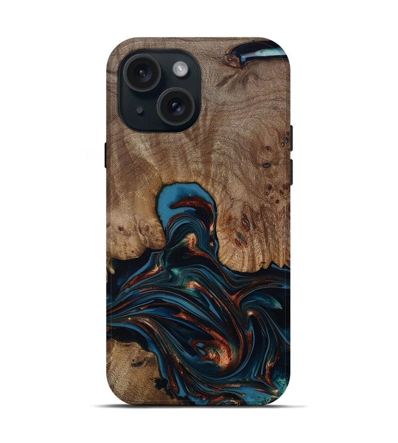 iPhone 15 Wood Live Edge Phone Case - Kelli (Teal & Gold, 812196)
