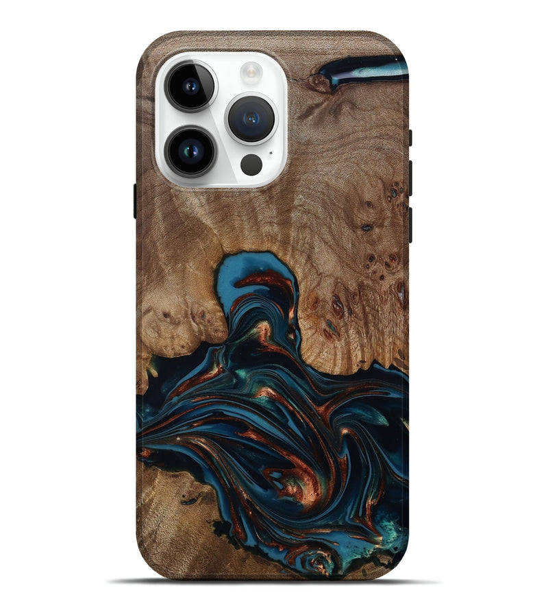 iPhone 15 Pro Max Wood Live Edge Phone Case - Kelli (Teal & Gold, 812196)