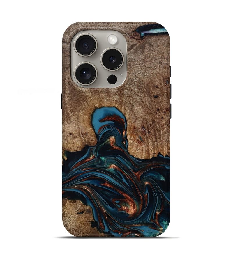 iPhone 16 Pro Wood Live Edge Phone Case - Kelli (Teal & Gold, 812196)