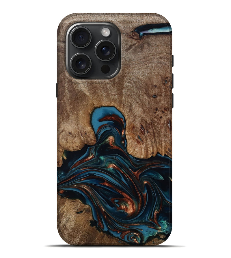 iPhone 16 Pro Max Wood Live Edge Phone Case - Kelli (Teal & Gold, 812196)