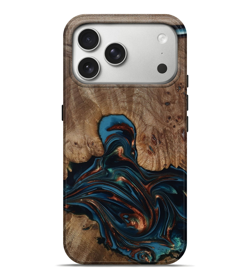 iPhone 17 Pro Max Wood Live Edge Phone Case - Kelli (Teal & Gold, 812196)