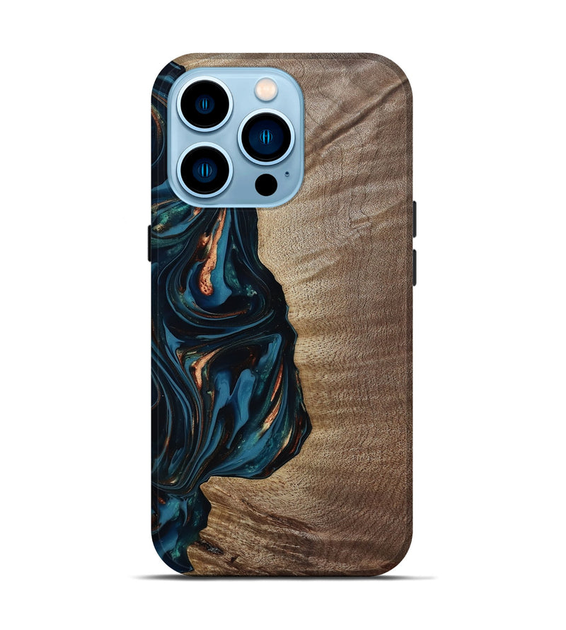 iPhone 14 Pro Wood Live Edge Phone Case - Weldon (Teal & Gold, 812198)