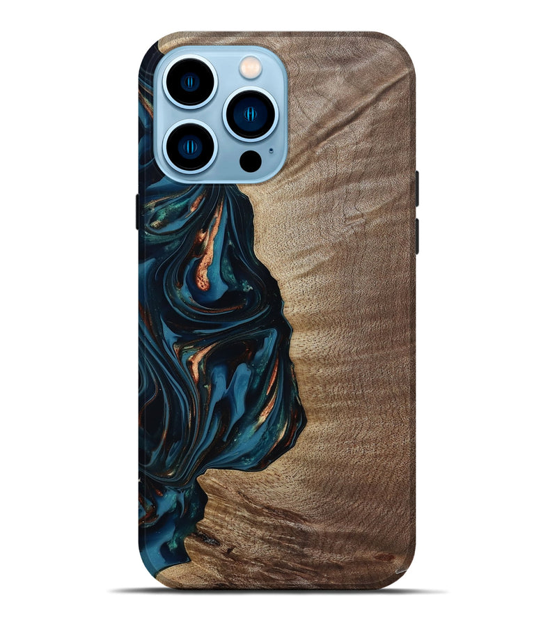 iPhone 14 Pro Max Wood Live Edge Phone Case - Weldon (Teal & Gold, 812198)