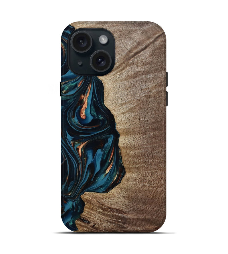 iPhone 15 Wood Live Edge Phone Case - Weldon (Teal & Gold, 812198)