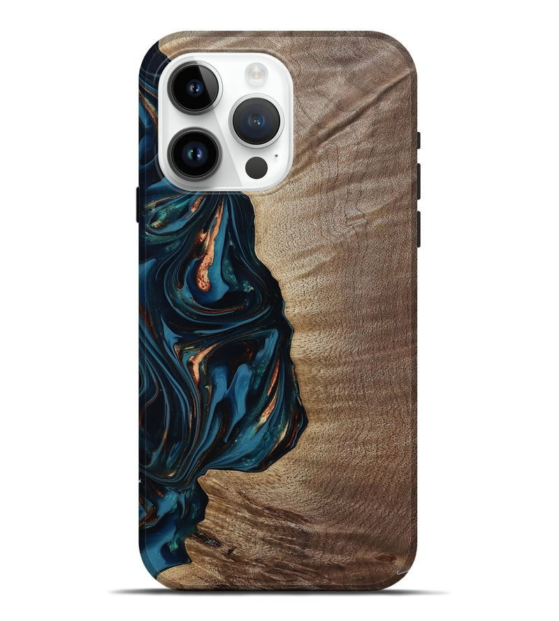 iPhone 15 Pro Max Wood Live Edge Phone Case - Weldon (Teal & Gold, 812198)