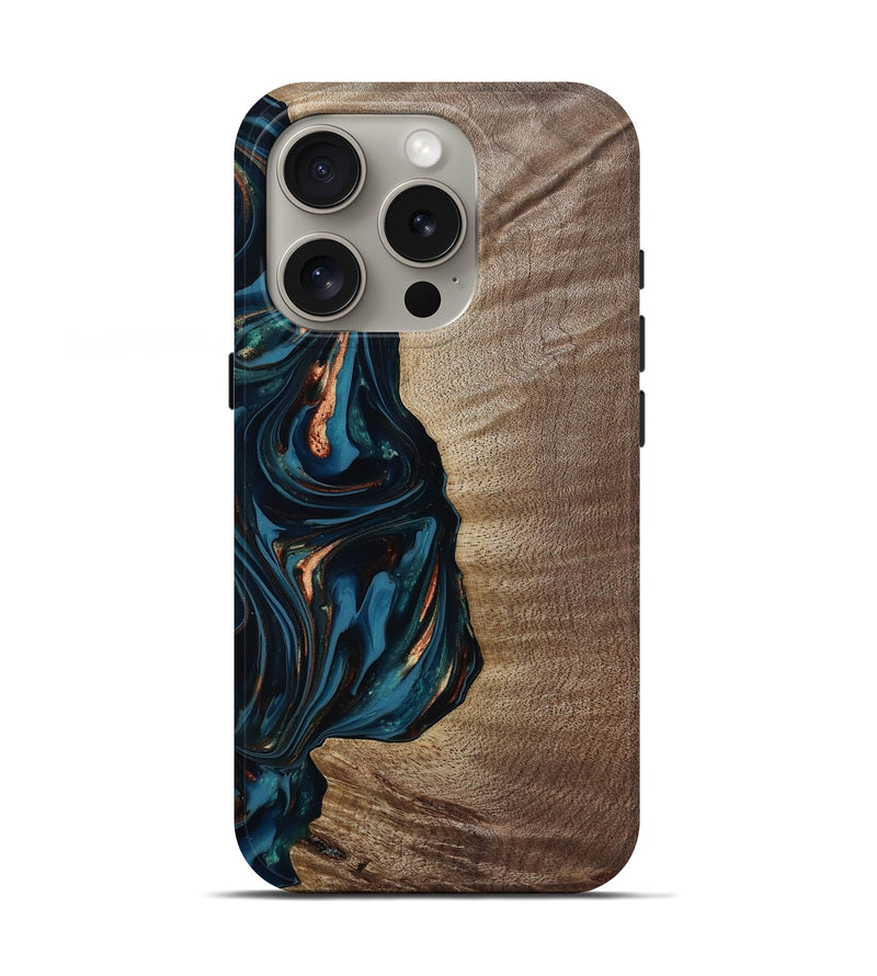 iPhone 16 Pro Wood Live Edge Phone Case - Weldon (Teal & Gold, 812198)